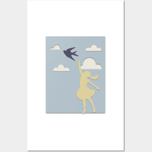 Paper cutout girl reaching for bird Posters and Art